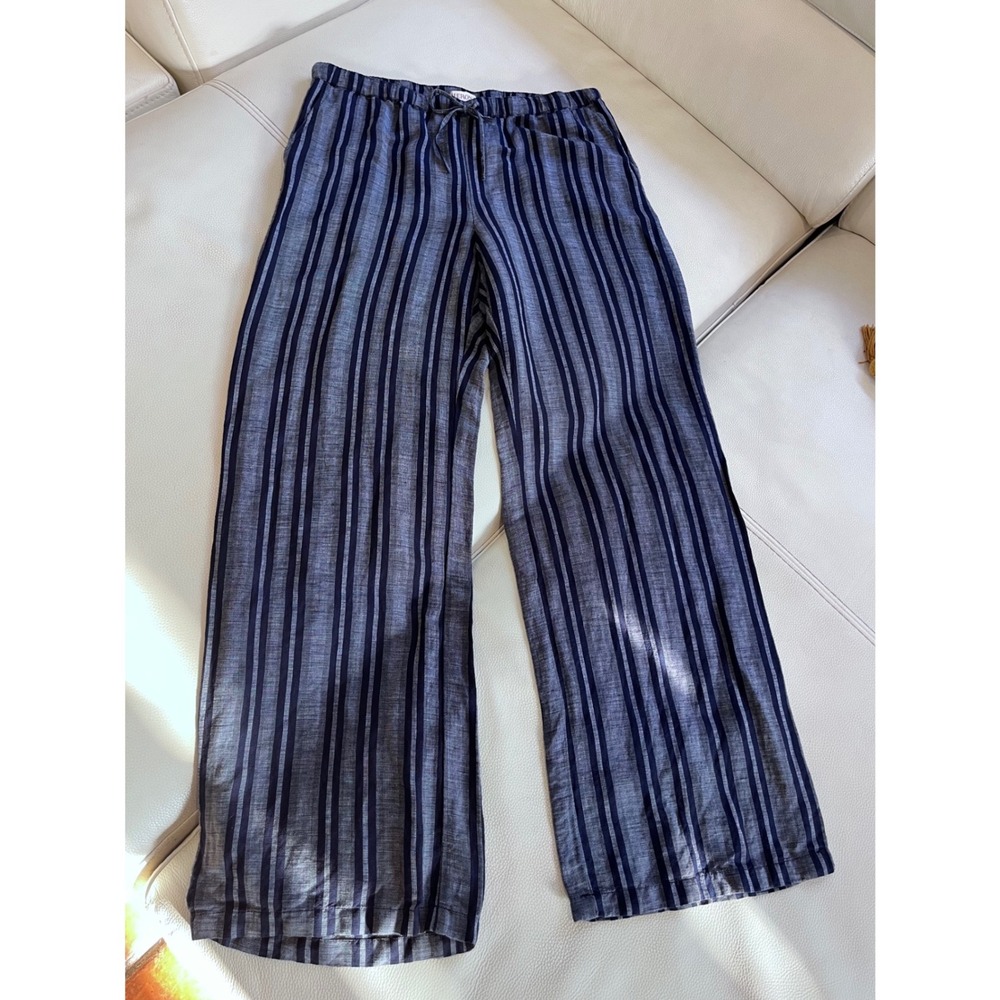 Merona Large Linen Blend Striped Wide Leg Pants Navy Blue White Drawstring